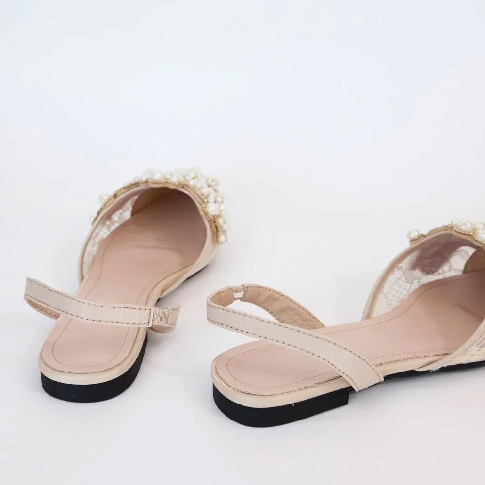 Beige Elegant Women's Faux Pearl & Rhinestone Decor Slingback Flats_6